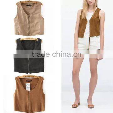 Trendy Retro Full Zip Faux Suede Sleeveless Bodycon Short Crop Vest Tank Jacket Top