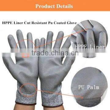 13 gauge PU Palm Coated HPPE Level 5 cut resistant hand gloves work