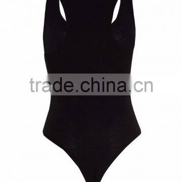 Custom Women Plain Black Cotton Spandex Slim Fit Ladies Basic Black Racer Back Bodysuit photo-4