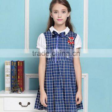 Latest Design Navy Blue Nice Girl Plaid Dress Elementary Quality School Uniform photo-3