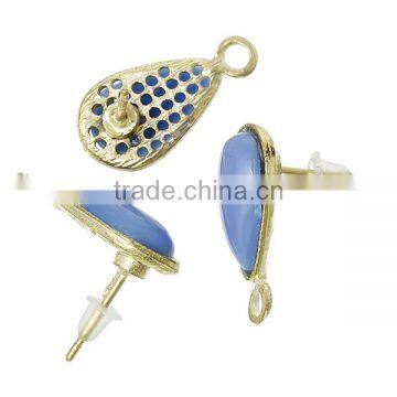 Earring Findings Ear Studs Teardrop Light Golden Blue Acrylic Rhinestone & Loop 19.5mm x 16mm,10 Pairs photo-3