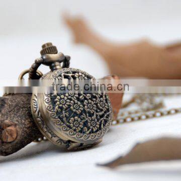 Small Antique Bronze Wintersweet Pocket Watch Long Chain Pendant Necklace