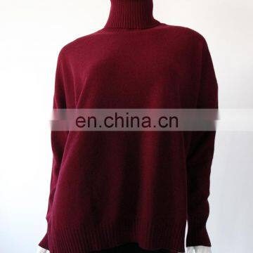 Top Plain Red Color Folded Turtleneck Pullover Oversized Cashmere Sweater Women