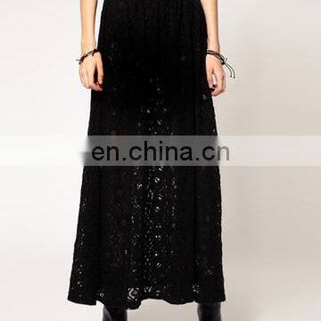 Fancy women cotton hollow out with lace vintage long maxi skirt elegant office ladies dresses