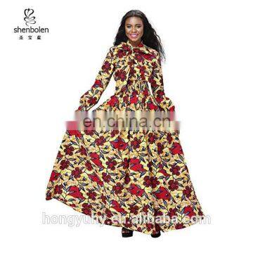 2017 autumn african kitenge dress designs long sleeve necktie african dresses