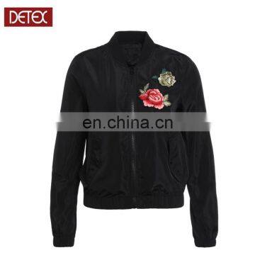 Factory OEM Women 100% Polyester Embroidered Black Bomber Jacket