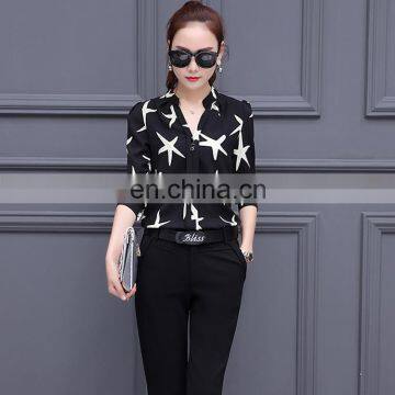 Latest Shirt Designs For Women Long Sleeve Starfish Printed Lady Blouse Office Chiffon Shirt