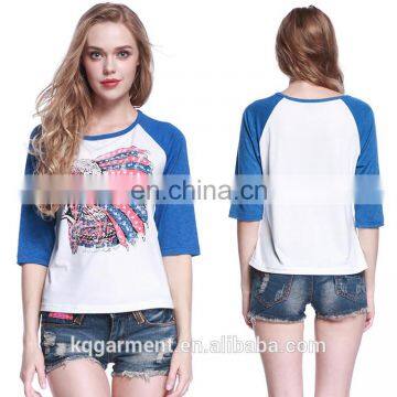 Fashion design ladies raglan tops/ round neck 3/4 sleeve /printed blouse for OEM