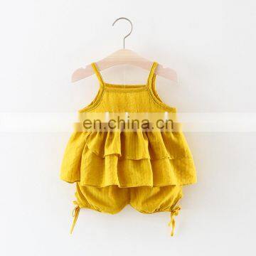 Baby girl plain color gallus romper jumpsuit factory wholesale price Boutique  ruffle girls cotton Flower accessories dress