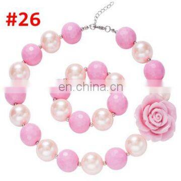 Valentine'sDay Baby Girl Necklace Kids Pink Chunky Bubblegum Beads Necklace Love Hear Pendants 35Styles