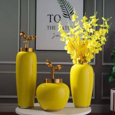 Modern Simple Fashion Art Yellow Ceramic Dry Flower Vase For Home Decor photo-4
