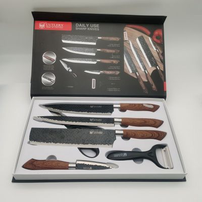 6pcs black Hammer Forged Stainless Steel Kitchen Knife Set with box packing