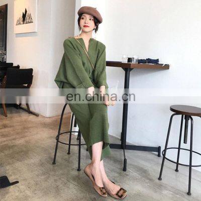 Women Fashion Plain V-neck Bat Sleeve Wool Blend Knit Loose Sweater Casual Pants Suit