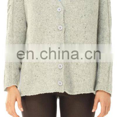 Ladies v Neck Wool Cardigan Sweater With Cable Design on Sleeves photo-4