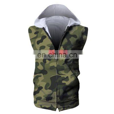 Hot Sell  Custom Polyester 3D Camouflage  Printing Hoodies Pullover  Sleeveless Sweater With Zipper