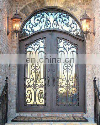 Used Entry Double Leaf Glass Main Front Gate Wrought Iron Door With Transom