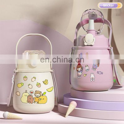 Wholesale Cute Stainless Steel Drinkware 1L Large Capacity Thermos Cup Insulated Water Bottles With Straw For Kids