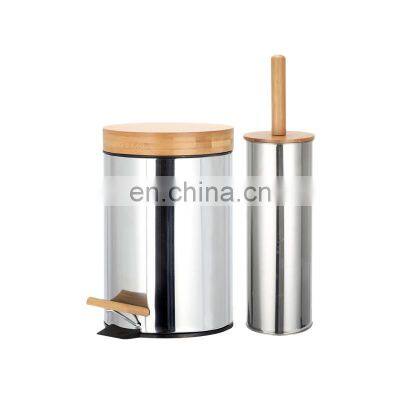 Bamboo Lid Trash Bin and Toilet Brush Set  Round Shape Pedal Soft Close Silver Stainless Steel