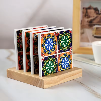 Sublimation blank 10cm square ceramic coaster with wooden holder tableware pad