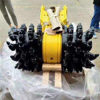 Excavator modification, milling excavator, road surface finishing, transverse milling and excavation head crushing, longitudinal