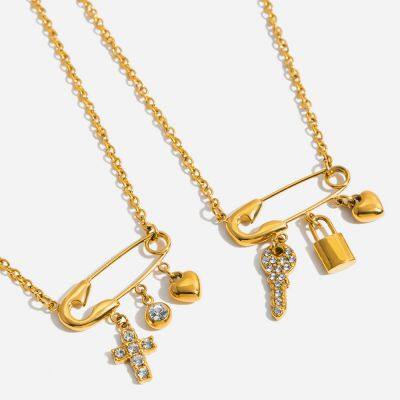 Gold Plated Safety Pin Pendant Necklace for Women Key Lock Cross Charm Necklace Stainless Steel Chain Jewelry Gift photo-2