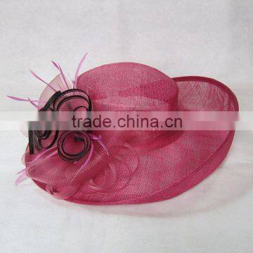 Red Wide Brim Sinamy Church Hats with Feather Decoration