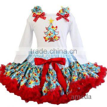 Xmas Blue Reindeer Pettiskirt Lovely Tree Tutu White Tee Party Dress