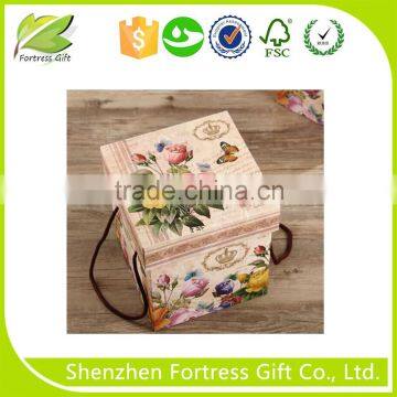 luxury flower printed hard paper gift box with handle