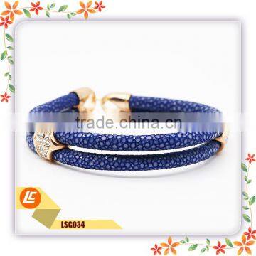 316L Stainless Steel Double Layer Diamonds Stingray Leather Cord Bracelet For Women Men Stingray Skin Jewelry