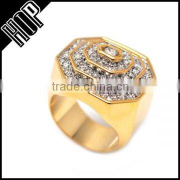 Mens Gold Plated Iced Out Pyramid Crystal Bling Ring