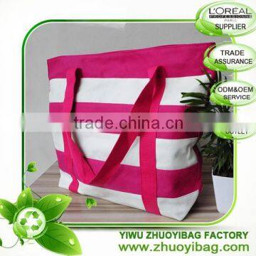 Natural Red and White Stripes Polyester Canvas Tote Bag with Internal Zipper Pocket