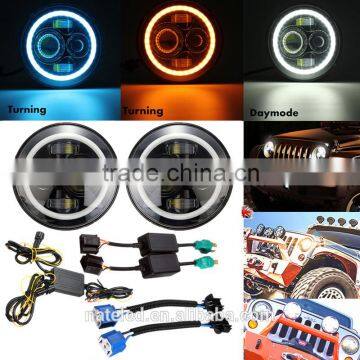 Round led headlight Jeep With 7 Inch Angel Eyes, H4 Hi/Low 45w DRL Led Headlamp Kit