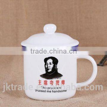 Wholesale cheap white enamel mug/custom logo printing enamel cup