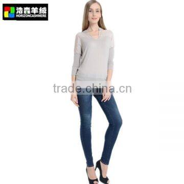 V Neck Long Sleeve Grey Pullover, Plain Bat Sleeve Cashmere Pullover