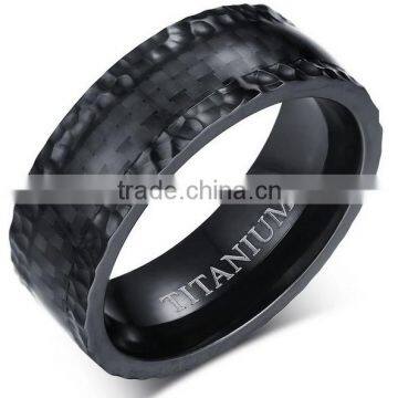 8mm Men's Black Carbon Fiber Titanium Wedding Band Ring Comfort Fit With Hammered Finish