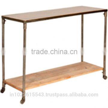 industrial furniture metal wood console table on wheels