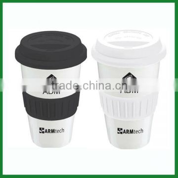 Wholesale insulated double wall ceramic mug with silicone sleeve and silicone lid