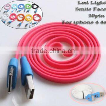 1m LED cable for iphone smiley face cable USB data charging cable charger lines for iphone 4 4s(hot pink)