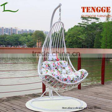 Half moon shape wide white resin wicker hanging indoor swing chair