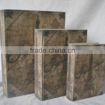 Antique wooden book box with linen printing covered
