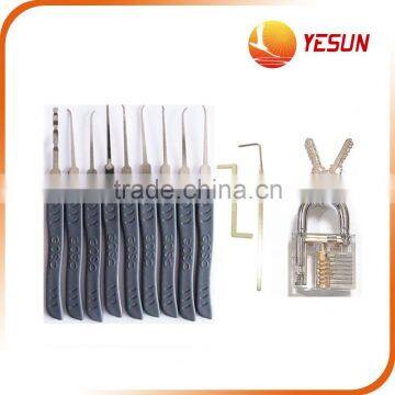 Padlock and lockpick tool set with plastic box & leather bag & brown box packing