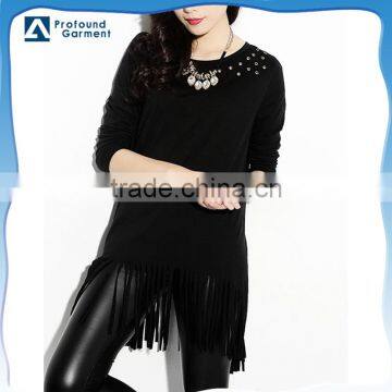 wholesale long sleeve women blank black t shirt with tassels decoration