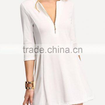 White Zipper A-Line Dress Plain Casual Polyester Fabric Spring V Neck Short Dress With 3/4 Sleeve