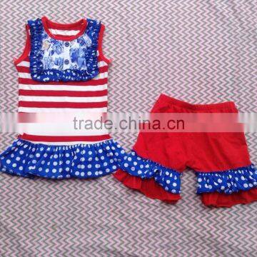 2015 boutique baby sleeveless stripe dot with ruffles clothes and dot ruffles shorts baby girls suits for july 4th