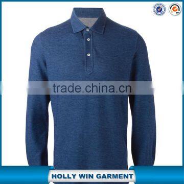 High quality blue cotton denim style long sleeve polo shirt for men