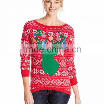 Women Red Sweatergreen Reindeer Sihouette Pattern Christmas Cardigan