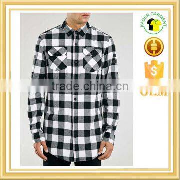 High quality Mens Casual Shirt With Pocket Black White Plaid Shirt