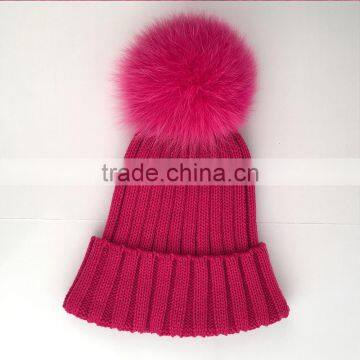 Myfur Hot Pink Rose Winter Wool Knit Hat With Fox Fur Pompom Attached