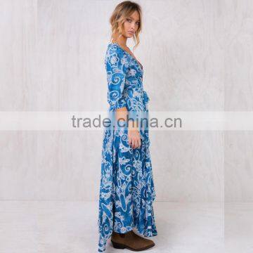 Paisley Print Long Sleeve Maxi Wrap Dress in Blue for Mature Women photo-3