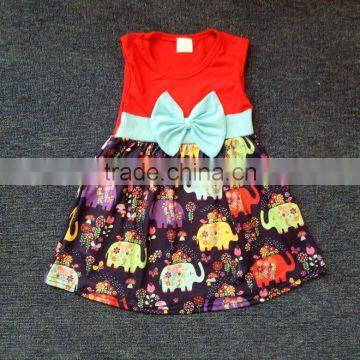 children kids dress elephant printing girl fancy skirt with solid color bow fall baby wear